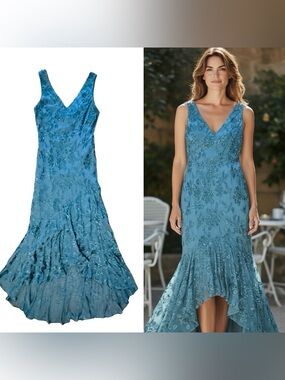 Alex Evenings 2-piece Silk Blend Dress Gown with Shawl muted Turquoise Size 12